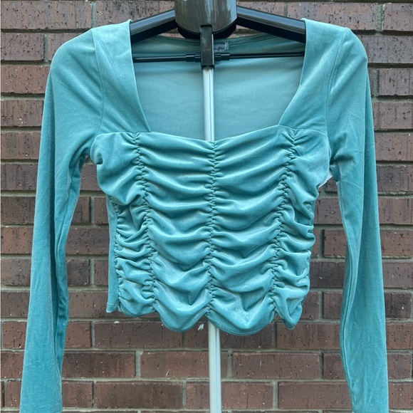 Love Fire Mineral Blue Womens Small Ruched Velvet  Square Neck Long Sleeve Top - Picture 1 of 6
